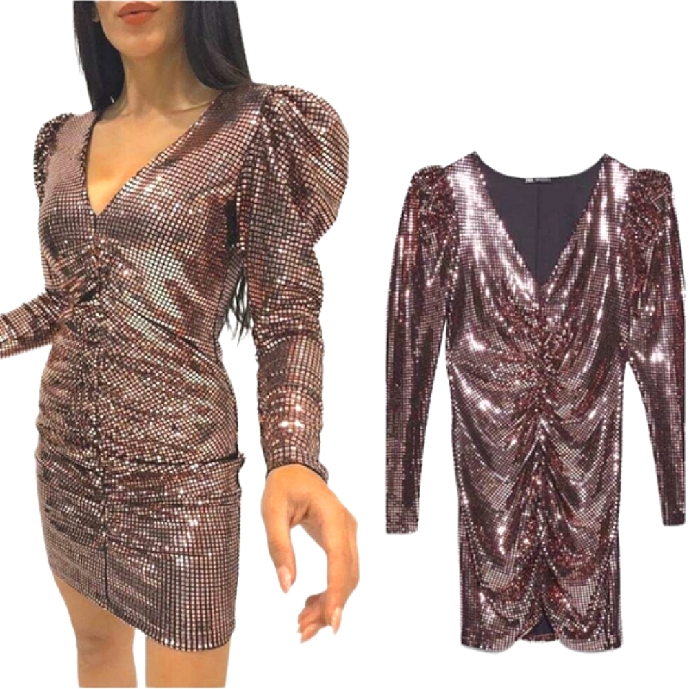 Zara Gold Sequined V-Neck Ruched Mini Bodycon Dress Sz X-Small